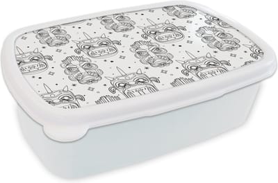 Broodtrommel Wit - Lunchbox - Brooddoos - Maskers - Inca - Patroon - Zwart-Wit - 18x12x6 cm - Volwassenen