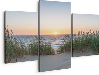 Artaza Canvas Schilderij Drieluik Zee vanuit Duinen met Zonsondergang - 150x120 - Groot - Foto Op Canvas - Canvas Print