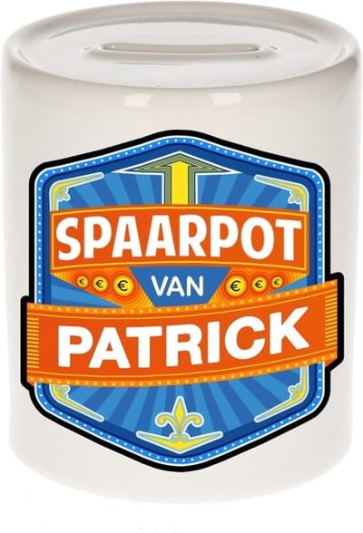 Bellatio Decorations Kinder spaarpot met naam - Patrick - keramiek - met dop - wit - Sparen - Spaargeld van Patrick