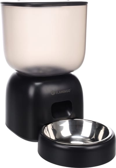 Flamingo automatische voerbar hond en kat – Voederautomaat met timer & opnamefunctie – 3L droogvoer – Model Blido – Zwart