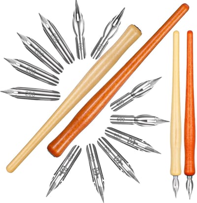 Dailygoods- Kalligrafiestiften Professionele Set - 2 Houten Houder - 12 Roestvrijstalen Veren - Voor Kunstenaars - Nauwkeurige Schrijfletters - Praktische Opbergzak - Schrijfset