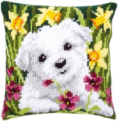 Vervaco - Kruissteekkussen kit - Westie in narcissen - PN-0147569 - Borduren - Borduurpakket - Borduurpakket volwassenen - Borduurpakket kind