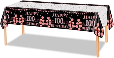 LUQ - Luxe Tafelkleed 100 Jaar Zwart Rosegoud Verjaardag Versiering Tafelloper Tafelzeil Feest Tafellaken Xl Formaat