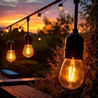 Solar lichtsnoer buiten 'Chain 15' - 15 filamentlampen - Met schemersensor - IP44 - Warm wit licht (2700K) - 50 lumen per lamp - ca. 15 meter lang - Zwart - Tuinverlichting op zonne-energie