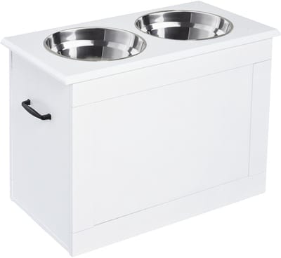 Voerbak Met Opbergruimte - Voederstation Eetbak - Comfortabel Eten Drinken - Verhoogd Design Twee RVS Bakken - 60x30x41 cm - Wit