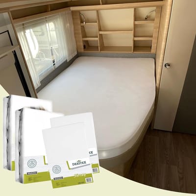 Dexitex Textielpakket Frans bed/ 2 x Molton / 2 x WIT Hoeslakens /RECHTS geschikt voor Caravan of Camper