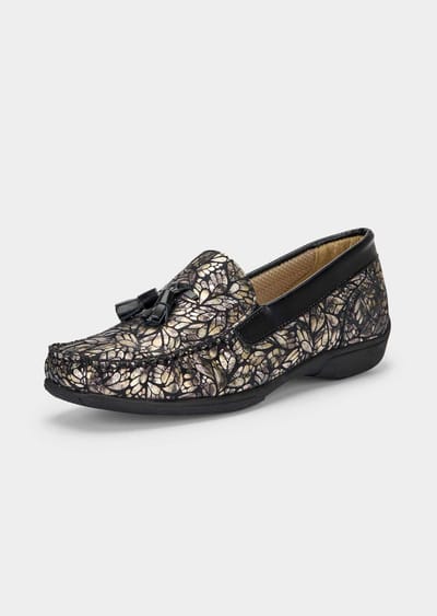 Leren mocassins met reliëf en kwastje - zwart / goudkleurig / gedess. - Gr. 36 van Goldner Fashion