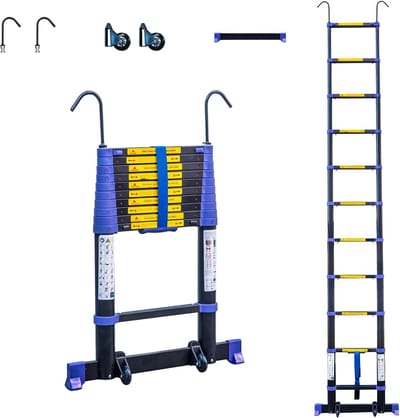 Telescopische ladder - Opvouwbare ladder - Werkzaamheden op hoogte - Met stabilisator - 32 meter - Zwart en blauw