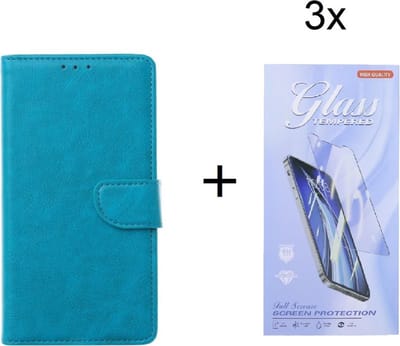 Bookcase Geschikt voor: Huawei P Smart 2021 - Turquoise - portemonnee hoesje met 3 stuk Glas Screen protector