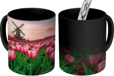 Magische Mok - Foto op Warmte Mokken - Koffiemok - Tulpen - Molen - Nederland - Magic Mok - Beker - 350 ML - Theemok