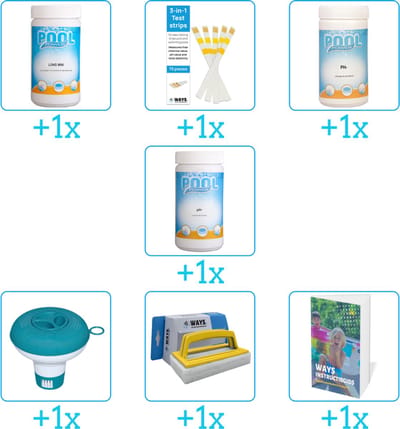 Zwembad Onderhoudspakket - Onderhoud Zwembad - bevat Chloor - Testrips - PH-min - PH-plus - Chloordrijver - Scrubborstel en Zwembadgids (7-delig)