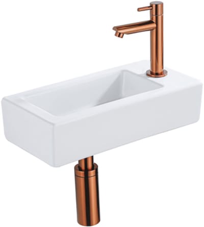 QeramiQ Fuente Fonteinset - 37.5x18.5x9cm - keramiek - kraangat rechts - fonteinkraan geborsteld koper - afvoerplug - verlaagd sifon - Glans wit