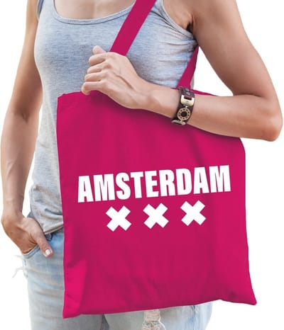 Katoenen Holland/wereldstad tasje Amsterdam fuchsia roze - 10 liter - steden cadeautas