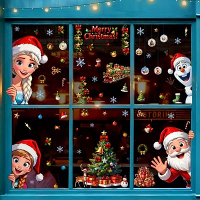 Raamstickers kerst | Disney Frozen raamsticker met Elsa, Anna, Olaf, de kerstman en kerstboom - Kerstversiering - Raamdecoratie feestdagen - Merry Christmas