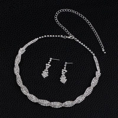 Collier de mariée, Ensemble de deux pièces entièrement en diamants pour femmes, Chaîne à griffes Bijoux pour robe de mariée argenté