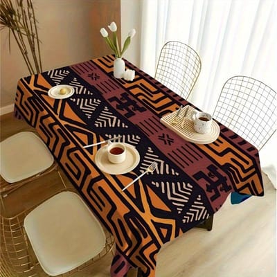 Levendig Afrikaans-Geïnspireerd Polyester Tafelkleed Rechthoekig, Machinaal Gemaakt, Kleurrijk Geometrisch Patroon met Oranje, Zwart 180x145cm