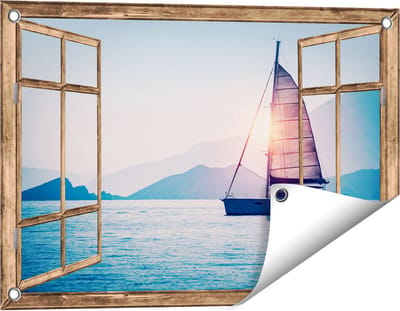 Gards Tuinposter Doorkijk Zeilboot bij Zonsondergang - 60x40 cm - Tuindoek - Tuindecoratie - Wanddecoratie buiten - Tuinschilderij