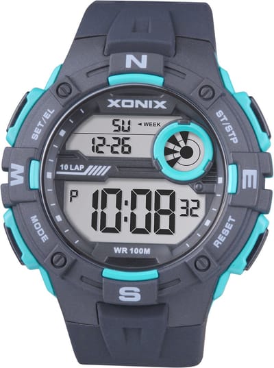 Xonix DAG-A05 - Horloge - Polshorloge - Digitaal - Heren - Mannen - Rond - Siliconen band - ABS/Kunststof - Achtergrondverlichting - Alarm - Start/Stop - Tweede tijdzone - Datumaanduiding - Waterdicht - Zwart - Turkoois Groen
