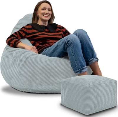 DreamRoots Zitzak voor Volwassenen of Kinderen – Corduroy Beanbag met Voetsteun en Afneembare Hoes – Inclusief Vulling – 90x90x100 cm – Green Lily