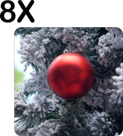 Luxe Placemat - Rode Kerstbal in Besneeuwde Boom - Set van 8 Placemats - 50x50 cm - 2 mm dik Vinyl - Anti Slip - Afneembaar