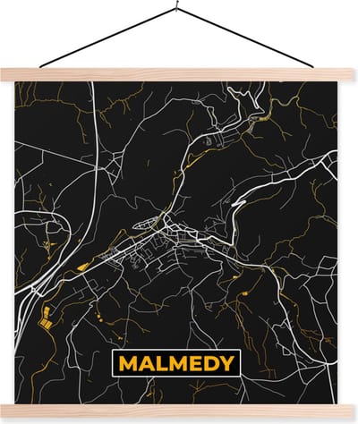 Posterhanger incl. Poster 40x40 cm - Schoolplaat - Plattegrond - Goud - Malmedy - Kaart - Stadskaart - Textielposter - Blanke latten - Stadskaart