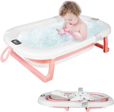 Opvouwbaar Babybad met Thermometer - Draagbare Badkuip voor Baby's van 0 tot 24 Maanden - Roze