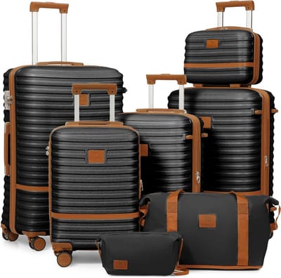 SnelShoppen - Joyway Koffer reiskoffer ABS hardshell uitbreidbare trolley kofferset 7tlg zwart/bruin voor vakantie, zakenreis, weekendje weg