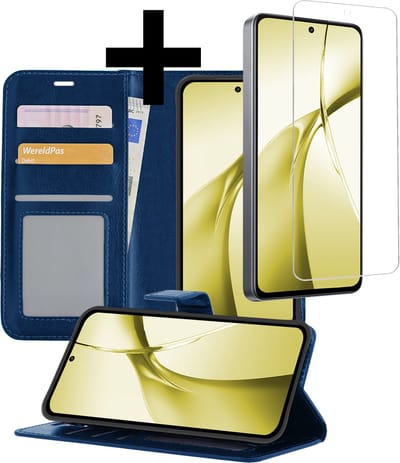 Hoesje - Met Screenprotector - Geschikt voor OnePlus Nord CE4 - Luxe Pasjeshouder - Bookcase Portemonee - Flip Case - Kunstleer Book Case - Flipcase - Book Cover - Walletcase - Portemonneehoes - Telefoonhoesjes - Donkerblauw