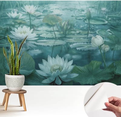 Wallfluent Zelfklevend Behang - Waterbloemen Stickerbehang op rol - 208x146 cm - Zwart-wit Zelfklevend Behang - Peel-and-stick techniek - Voor de slaapkamer, woonkamer en hal Zelfklevend Behang