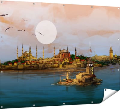 Gards Tuinposter Illustratie van de Maiden's Tower in Istanbul - 160x120 cm - Tuindoek - Tuindecoratie - Wanddecoratie buiten - Tuinschilderij