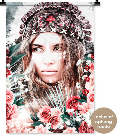 Wandkleed - Wanddoek - Vrouw - Bloemen - Indianentooi - Rozen - Bloemen - 60x90 cm - Wandtapijt
