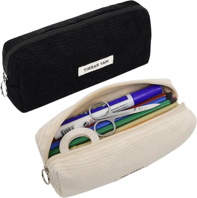 Set van 2 Corduroy Pennenhouders met Rits - Elegant en Draagbaar voor School, Reizen en Kantoor (Beige, Zwart)