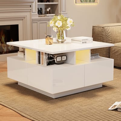 Woonkamer salontafel 70x70x40 cm - koffietafel - met LED-verlichting - bijzettafel met lade - geometrisch ontwerp - wit