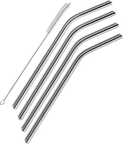ForeverKitchen herbruikbare RVS/Stalen Drink Rietjes Krom - Set: 4-stuks - met schoonmaakborstels - Ideaal voor Cocktails en Smoothies - metalen ijzeren rietjes