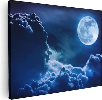 Artaza Canvas Schilderij Volle Maan - 40x30 cm - Klein - Wanddecoratie Sterrenhemel - Schilderijen Op Canvas Natuur - Kamer Accessoires Blauw