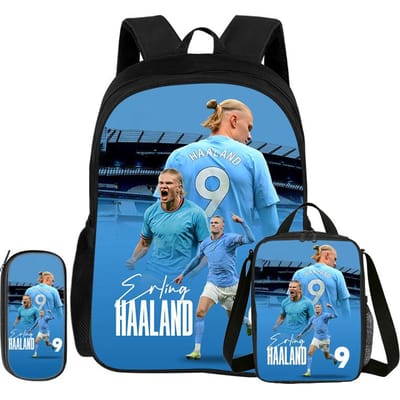 Voetbal Sportrugzak Haaland 3-delige Set Schoolrugzak Leren, Reizen Etui, Lunchtas, Voetbalster Boekentas