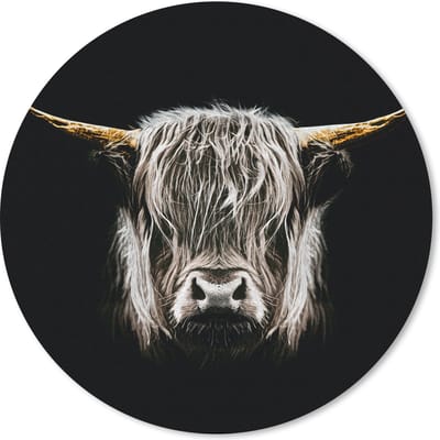Muismat rond 20x20 cm - Mousepad Schotse hooglander - Zwart - Wit - Hoorns - Ronde muismatten