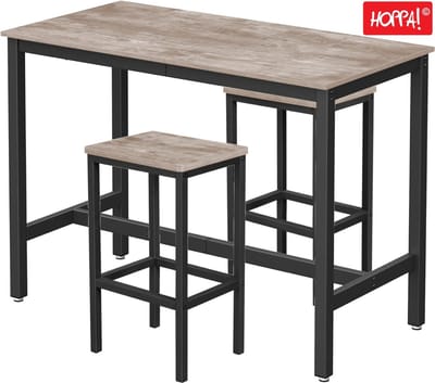 Hoppa! Bartafel- en barkrukkenset | Greywash en zwart | Bartafel 120×60×90 cm, 2 barkrukken 30×40×65 cm (L×B×H)