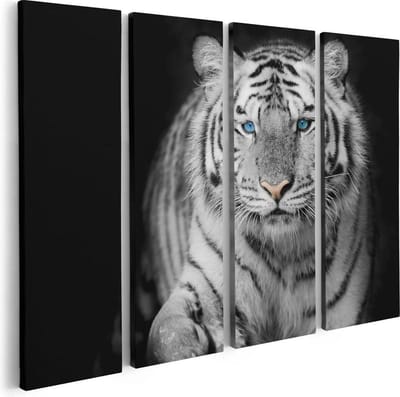 Artaza Canvas Schilderij Vierluik Tijger Met Blauwe Ogen - Zwart Wit - 80x60 - Foto Op Canvas - Canvas Print