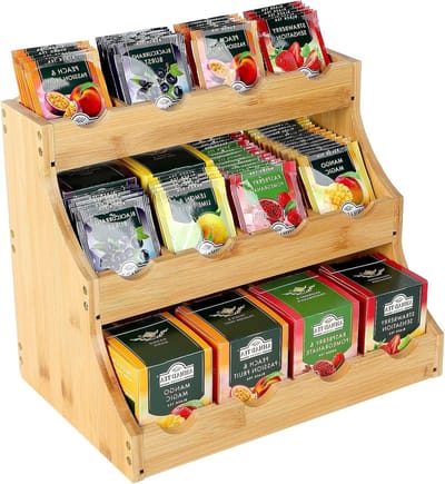 Bamboe Theezakjes Organizer met 12 Compartimenten - Houten Theehouder voor Losse Thee, Koffie en Suiker - Ideaal voor Keuken en Theeaccessoires 30.7 x 25 x 20.5 cm