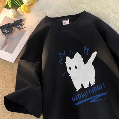 Nouveau T-shirt à Manches Courtes en Coton Pur Mode Nationale pour Homme Printemps et Été Tendance Manches Mi-longues Chat Ample T-shirt Haut Décontracté 3XL