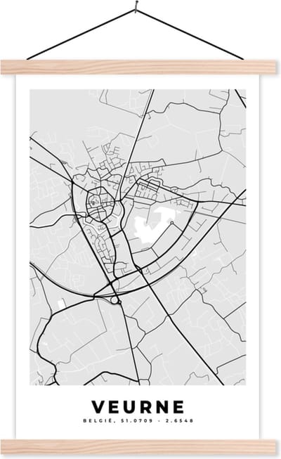Posterhanger incl. Poster 40x60 cm - Schoolplaat - Zwart Wit – België – Plattegrond – Stadskaart – Kaart – Veurne - Textielposter - Blanke latten - Stadskaart