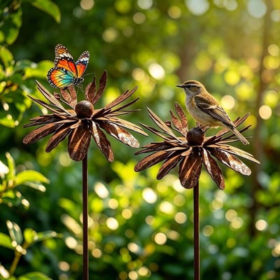 Tuinstekers Set - Roestdecoratie Bloemen - Buiten Decoreren - Weerbestendig Metaal - 60 cm Hoog - Patina