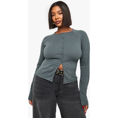 boohoo Dames Plus Button-Down Top met knoopsluiting en lange mouwen | Kaki | Maat: 44