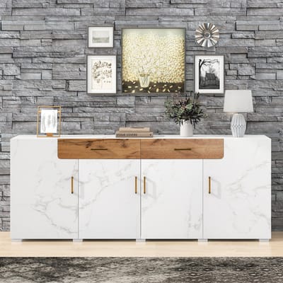 MODFU Dressoir – 208x39,5x80 cm – 4 deuren en 2 lades – Ruime buffetkast – Voor keuken, eetkamer of woonkamer – Marmerlook & eiken accenten – Moderne opbergkast met metalen handgrepen