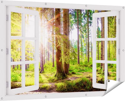 Gards Tuinposter Doorkijk Bos met Zon tussen de Bomen - 150x100 cm - Tuindoek - Tuindecoratie - Wanddecoratie buiten - Tuinschilderij