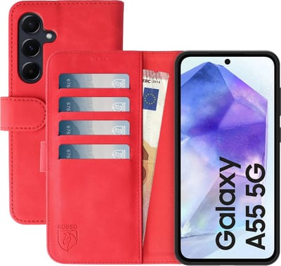 Rosso Element Geschikt voor Samsung Galaxy A55 | Portemonnee Hoesje | Wallet Book Case | 3 Pasjes | Magneetsluiting | Stand Functie | Rood