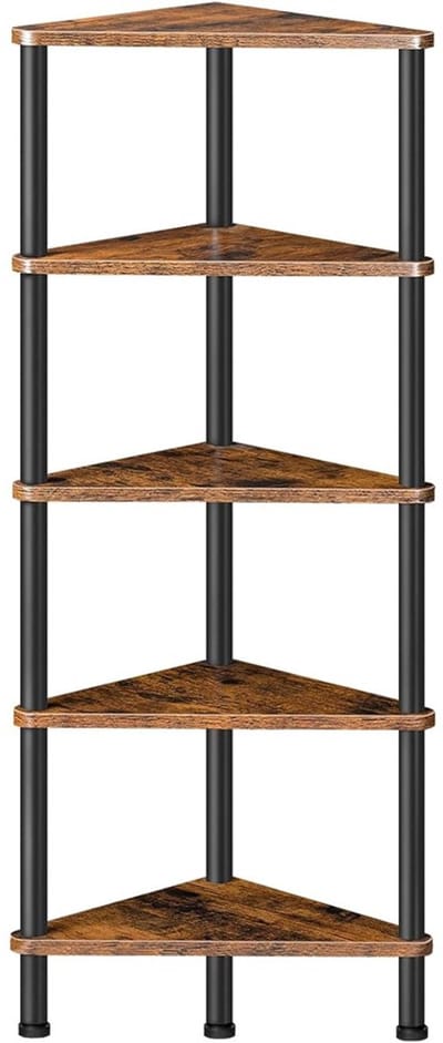 HÜSQ Boekenrek met 5 Planken – Industrieel Opbergrek – Opbergplank - Hoek Kast in Hout & Metaal – 30x30x115 cm – Wandrek / Corner Shelf