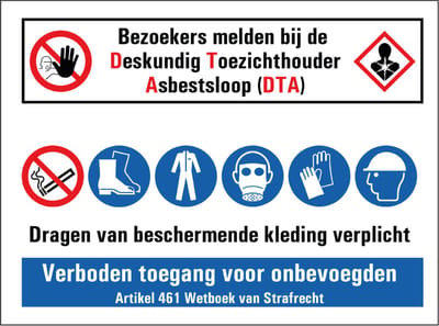 Bezoekers melden bij DTA asbestloop bouwplaats sticker 200 x 150 mm