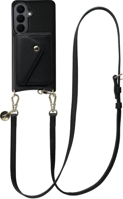 AVY Leren Hoesje geschikt voor Samsung Galaxy S26 Plus | Met Koord en Magnetische Kaarthouder | Compatibel met MagSafe | Leather Case met 130CM Koord & Wallet | Long Leather | Zwart